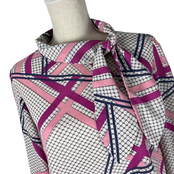 Hazel Haze Abstract Geometric Bow Tie Blouse Top Women’s Size M Pink Purple - Picture 2 of 7